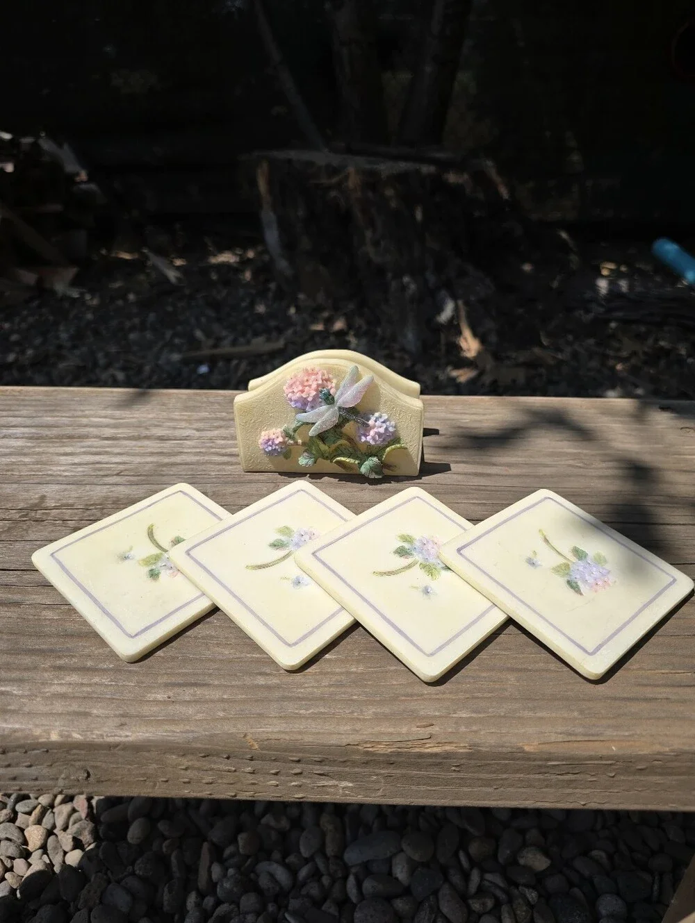 Vtg Dragonfly and Hydrangeas Pastel Coaster Set of 4 Resin 3D Cottagecore Shabby